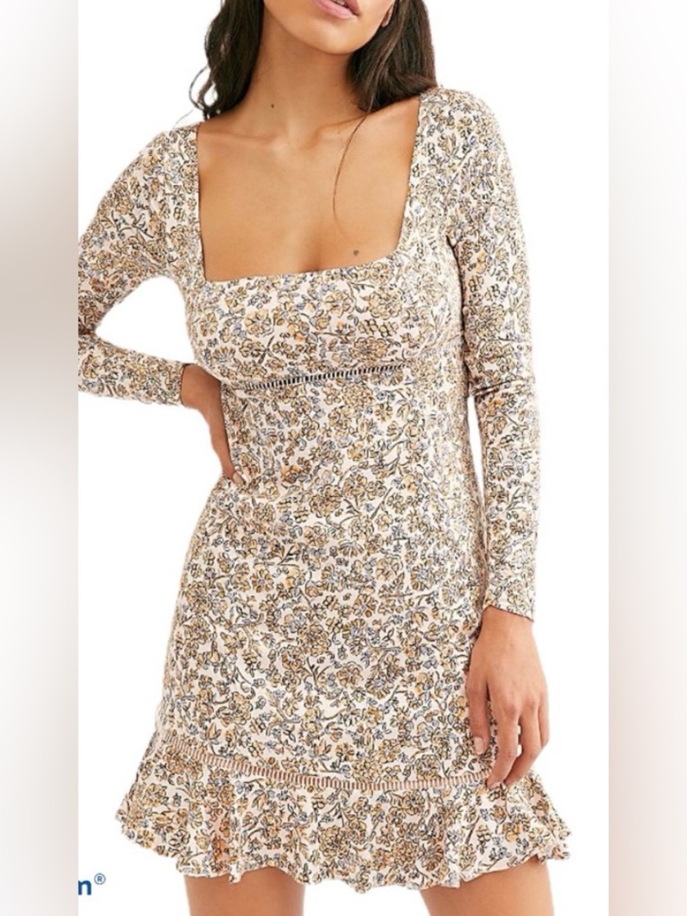 Free People Boheme Square-Neck Long Sleeve Floral Mini Dress in White and Gold